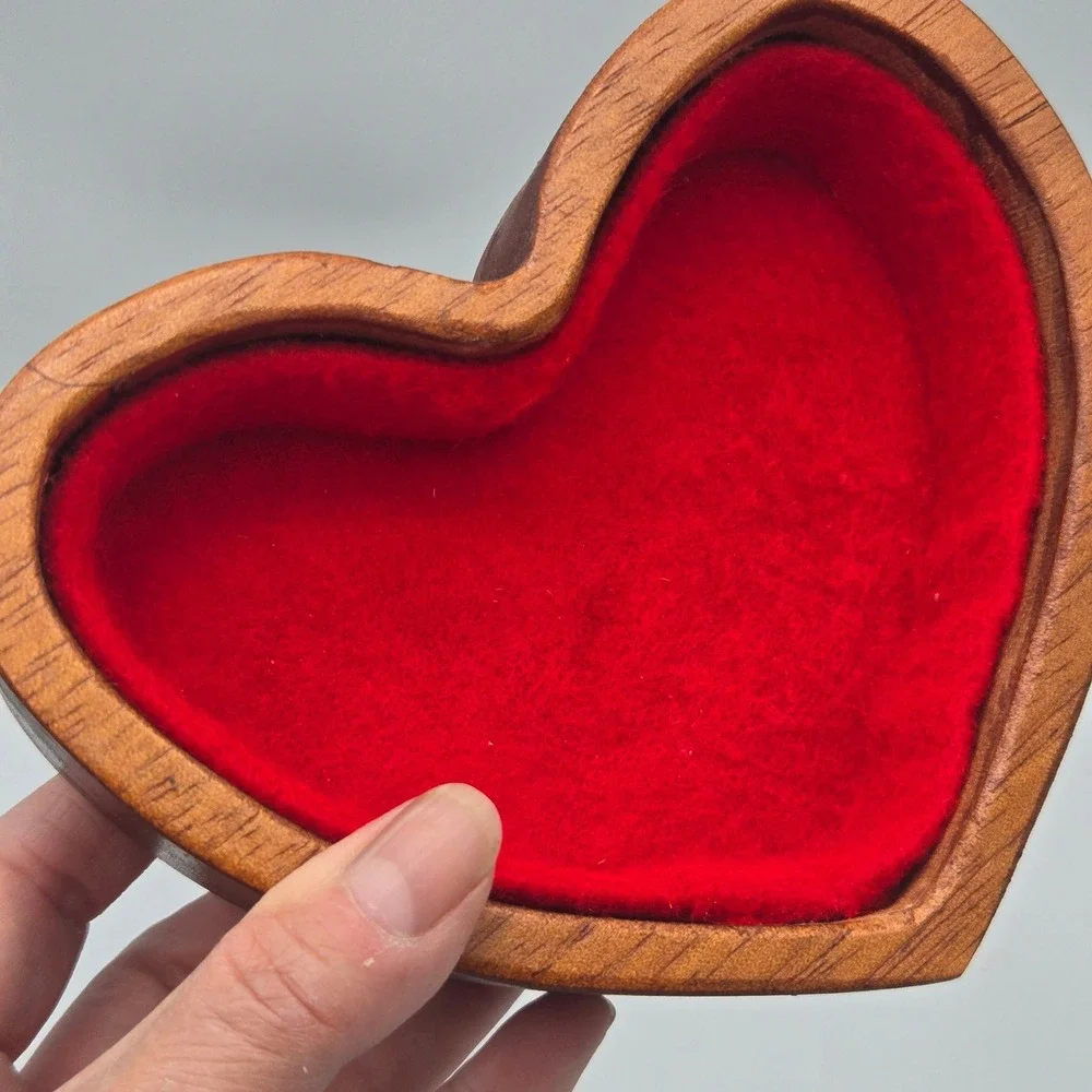 Vintage Handmade Heart Shaped Wood Trinket Box Rose Details Felt Lined Cottage